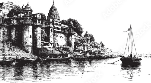 Ghats in Varanasi, India illustration on a white background. This vector illustration can be used in any size you like for advertising, logos, and other work.

