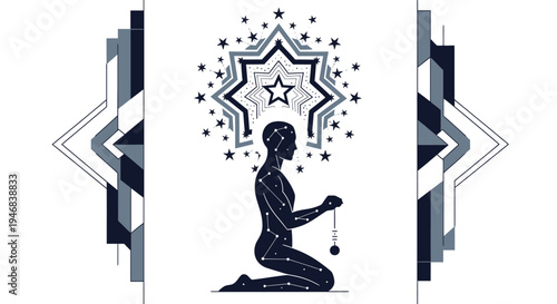 Mystic Figure With Pendulum and Stars, Spiritual Transformation Concept