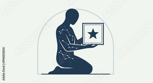 Silhouette of a person with constellations on body holding a star in a square frame