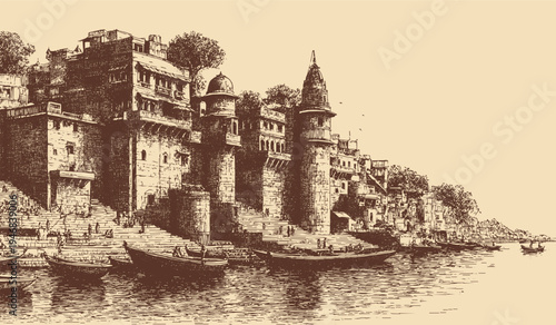 Ghats in Varanasi, India illustration in a vintage style. This vector illustration can be used in any size you like for advertising, logos, and other work.
