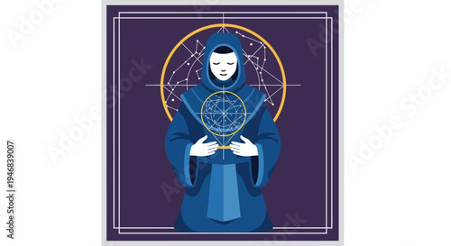 Mystic Oracle in Blue Robe Holding Celestial Orb with Constellations