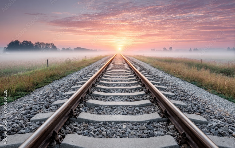 Fototapeta premium Sunrise Over Long Stretch of Railway Track