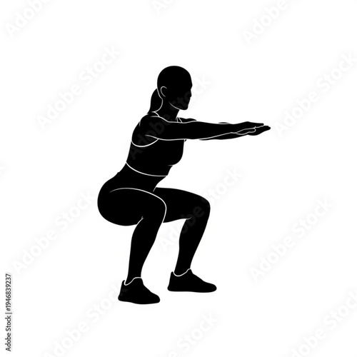 Black silhouette of a woman performing a squat exercise with arms outstretched in front of her body