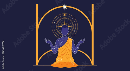 Zen Monk Meditating Under Celestial Archway with Stars and Compass