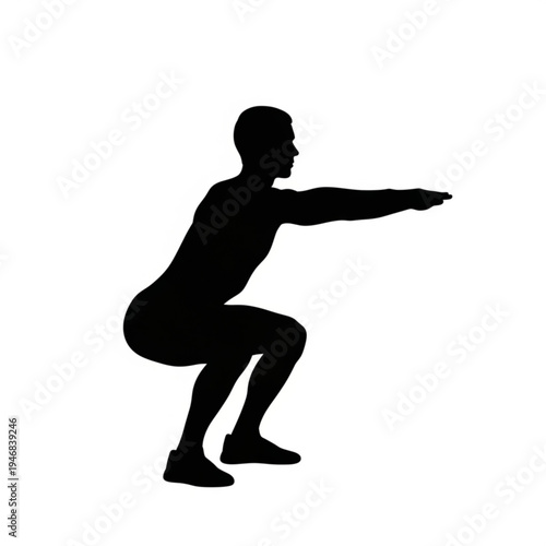 Silhouette of a man performing a squat exercise with arms outstretched in a fitness or workout routine