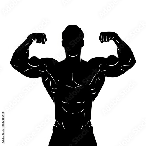 A black silhouette of a muscular man flexing his arms with defined muscles and short hair