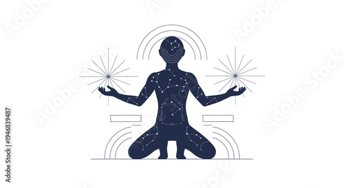 Meditating Silhouette Figure with Cosmic Stars and Abstract Light Orbs