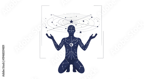 Cosmic Human Silhouette with Celestial Orbits and Stars