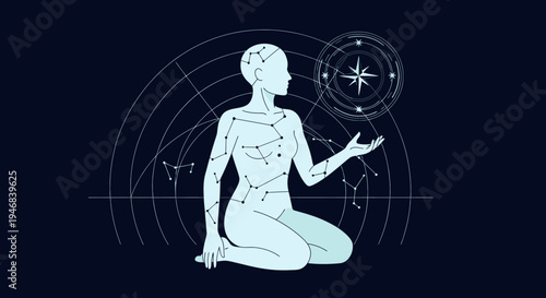 Woman Silhouette with Celestial Constellations and Compass