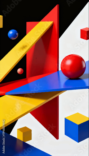 Vector 3D avant-garde abstract illustration of dynamically arranged intersecting geometric planes, spheres, and cuboids.