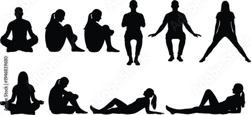 Yoga and meditation silhouettes collection, men and women practicing relaxation poses, healthy fitness lifestyle exercise vector illustration set