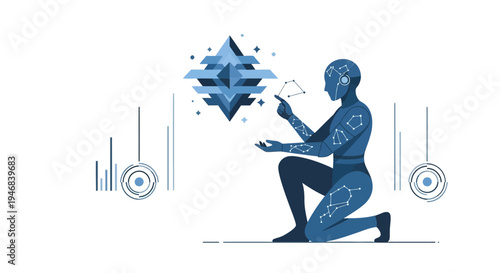 AI Humanoid interacting with futuristic holographic data visualization