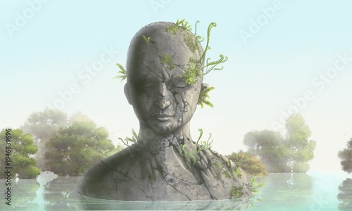 Concept art of hope spiritual life and nature, conceptual painting, A tree growing on broken human, surreal artwork	