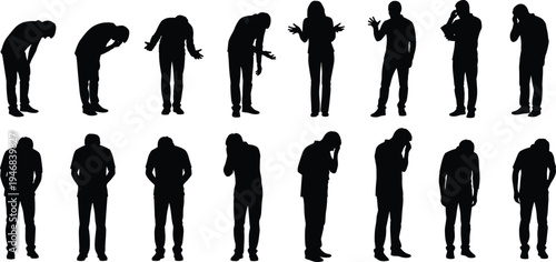 Stressed and worried people silhouette collection isolated on white background, frustrated men women emotional poses set vector illustration