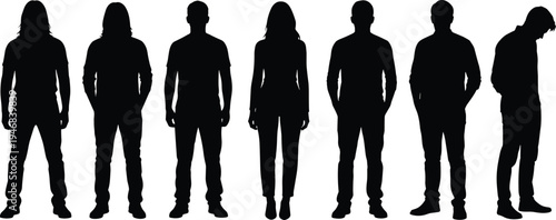 People standing silhouettes set with men and woman in casual poses isolated on white background human character collection