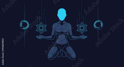 Futuristic Meditation: Human Figure in Cosmic Energy Flow