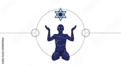 Cosmic Human Silhouette Praying Under Star of David and Celestial Circle