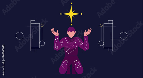 Man Praying Under Star, Celestial Constellation Pattern, Spiritual Concept
