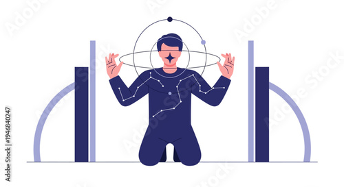 Man with Constellations on Body, Orbiting Planets, and Abstract Arches