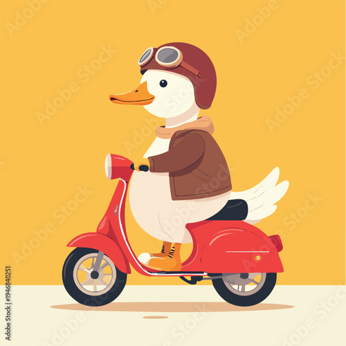 Duck on a Scooter: An adorable duck, donned in a vintage aviator helmet and jacket, cruises on a bright red scooter. A charming illustration that embodies adventure and playfulness.