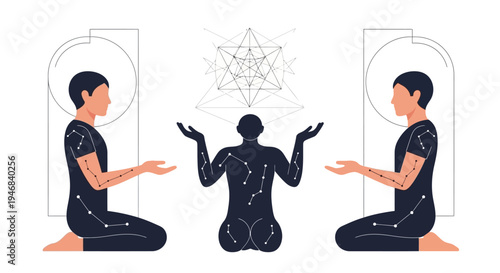 Spiritual Awakening: People Meditating with Sacred Geometry and Celestial Patterns