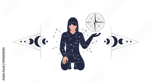 Person with Constellation Suit Holding Compass and Celestial Symbols