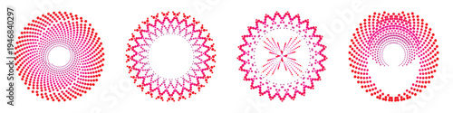 spirograph dotted radial mandala circles forming geometric fireworks rosette pattern using red pink gradient halftone points creating abstract decorative