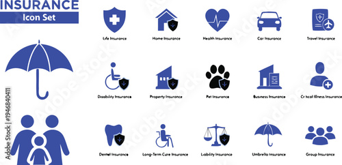 A style and type icon set layout featuring various insurance-related icons arranged in grid format, icons include representations of life insurance, home insurance, health insurance, and more