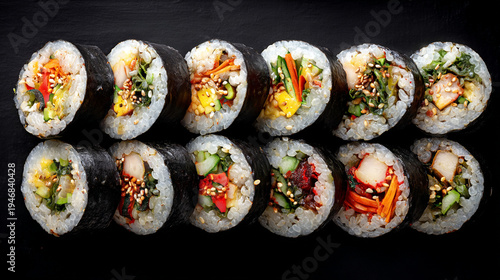 A selection of twelve kimbap rolls on a black background