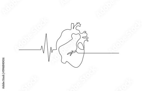 A continuous line drawing depicts a human heart with an accompanying electrocardiogram line.
