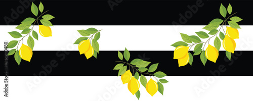 Mediterranean Lemon Branch Seamless Pattern on Black and White Stripes – Amalfi Coast Citrus Repeat for Textile, Wallpaper and Kitchen Decor