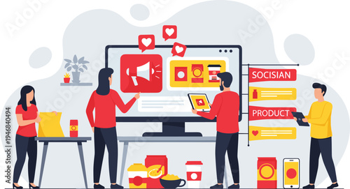 Digital Marketing Team Working on Social Media Advertising Campaign and Product Branding Strategy with Megaphone Icon on Monitor and Mobile Devices