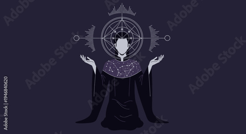 Mystical Figure with Celestial Aura and Geometric Symbols