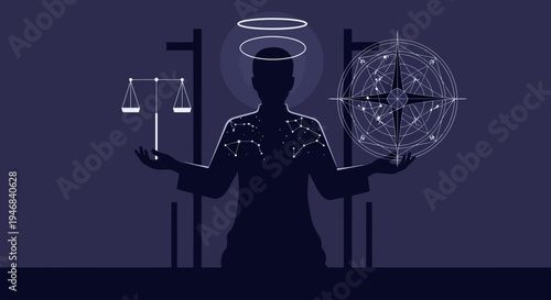 Mystical Figure Balancing Justice and Cosmic Energy