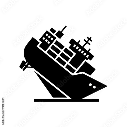 Iconic illustration of a cargo ship sinking, symbolizing disaster and maritime accidents in a stark black and white design