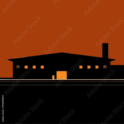 Stylized graphic of a dark industrial building silhouette with glowing windows against a vibrant orange evening sky, evoking the conceptual mood of nocturnal factory work and urban production