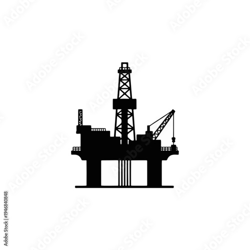 Silhouette illustration of an offshore oil rig, symbolizing the global energy industry, fossil fuel extraction, and petroleum production for energy resources