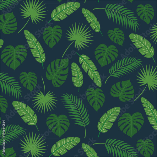 Tropical Jungle Leaves Seamless Pattern on Dark Emerald Background – Lush Botanical Foliage Repeat for Fabric, Wallpaper, Packaging and Eco Branding