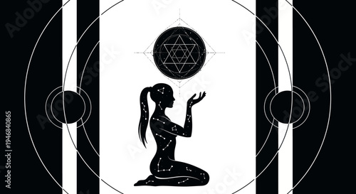 Mystical Woman Silhouette with Cosmic Geometry Symbol
