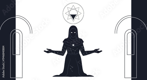 Mystical Figure with Cosmic Silhouette and Arches - Esoteric Symbolism