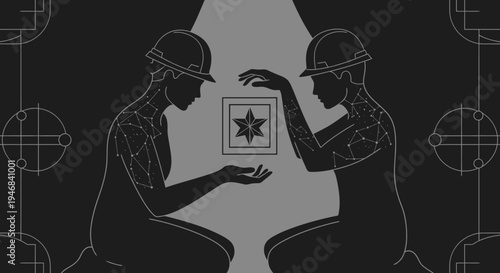 Two figures in hard hats examining a glowing geometric symbol, digital art concept