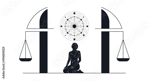 Spiritual Balance: Silhouette Meditating Under Cosmic Compass and Scales
