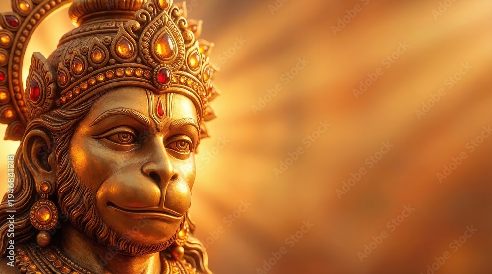 Fototapeta premium Happy Hanuman Jayanti Traditional Hanuman Face Vector Hindu Devotional Illustration with white background for card, poster, holding design.