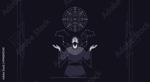 Mystic Man Praying Under Celestial Geometric Constellation on Dark Background