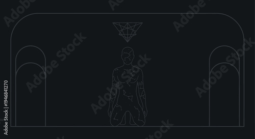 Mysterious Figure Kneeling Under Geometric Symbol in Dark Arcway
