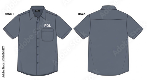 Gray Short Sleeve Button-Down Shirt with Pocket and FCL Logo.