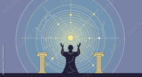 Mystic Silhouette Raising Hands Towards Cosmic Orbits and Constellations