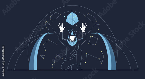 Mysterious wizard conjures celestial energy under the starry night sky