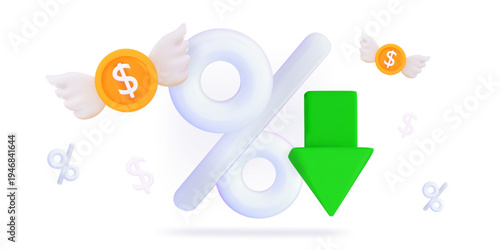 3d low price Percent sign with arrow down Financial loss or growth, increase or low of revenue Price increase and decrease