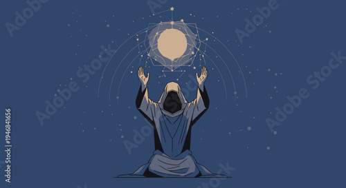 Mystic Monk Praying to Celestial Orb Under Starry Night Sky